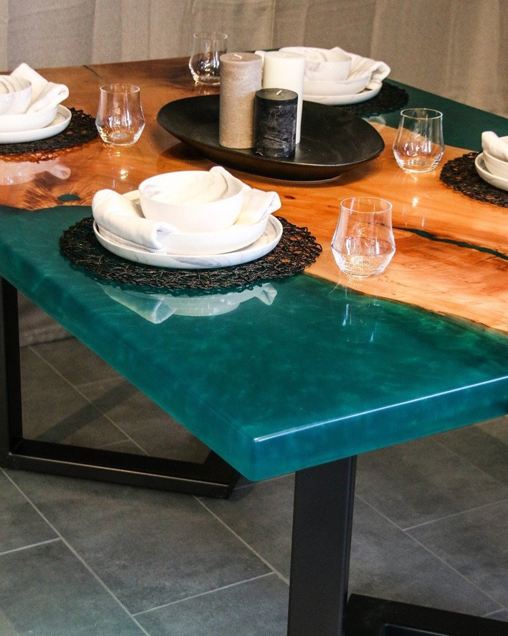 Figured Maple & Emerald Green Dining Table
