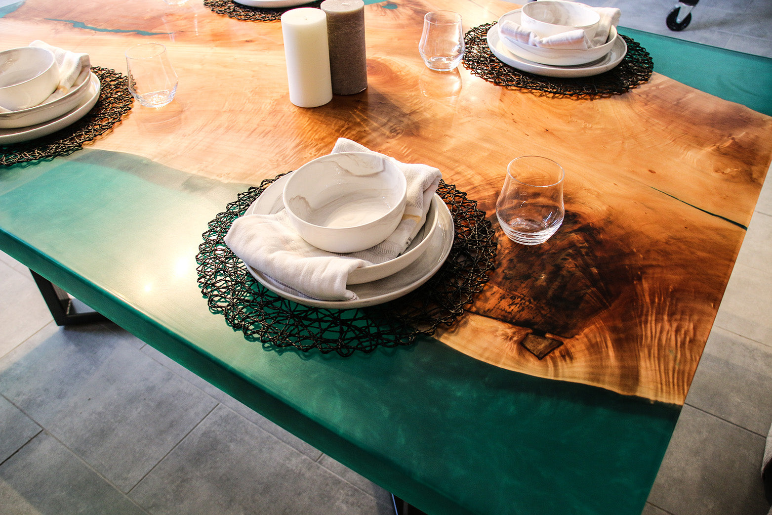 Figured Maple & Emerald Green Dining Table