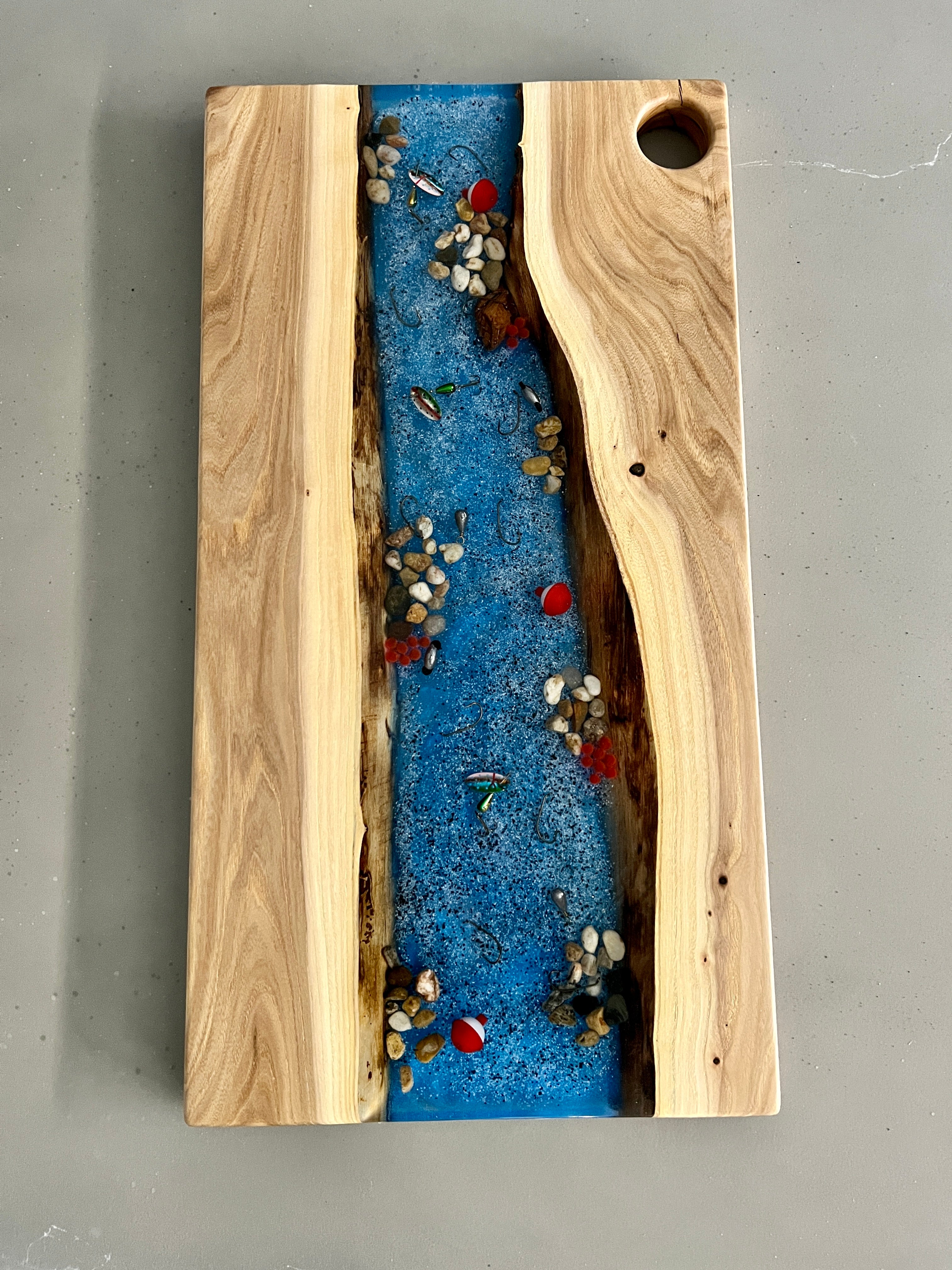Live Edge Wood with Fishing Resin River Charcuterie Board