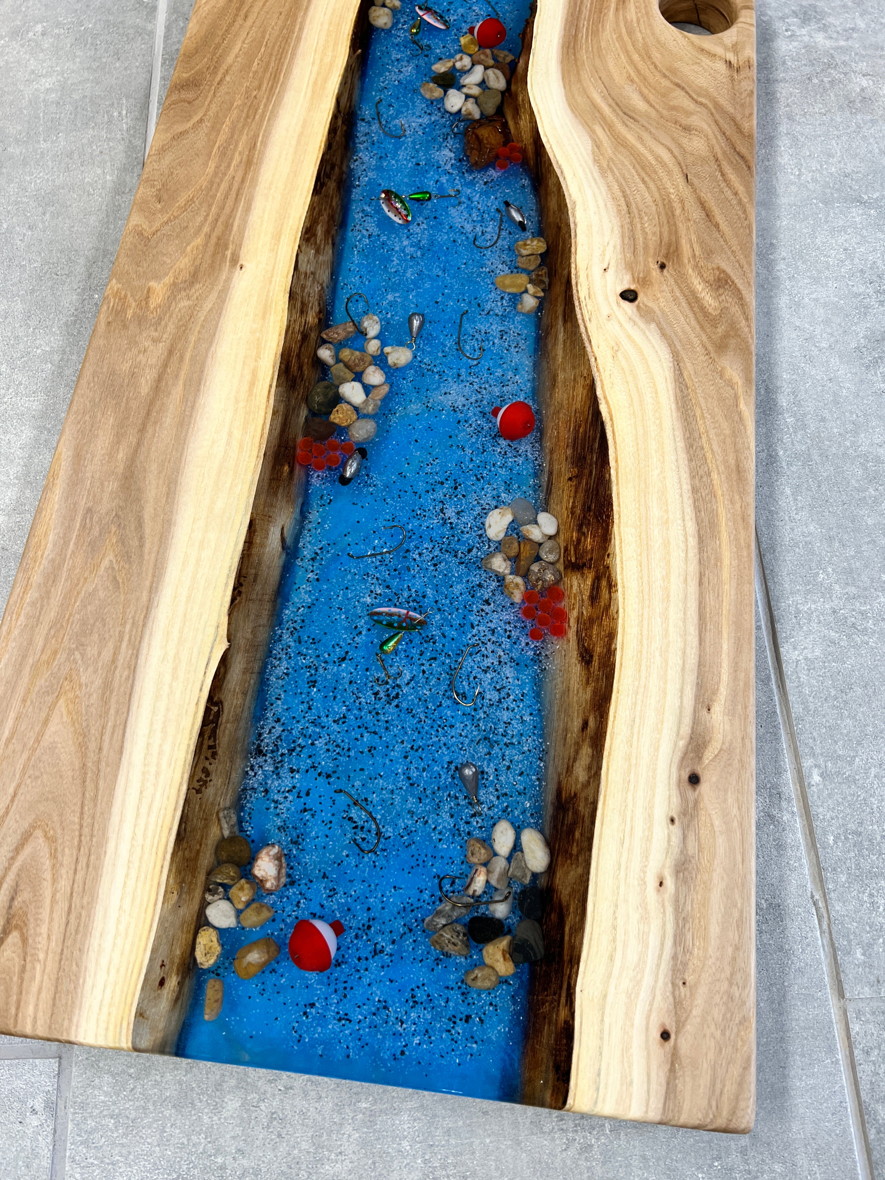 Live Edge Wood with Fishing Resin River Charcuterie Board