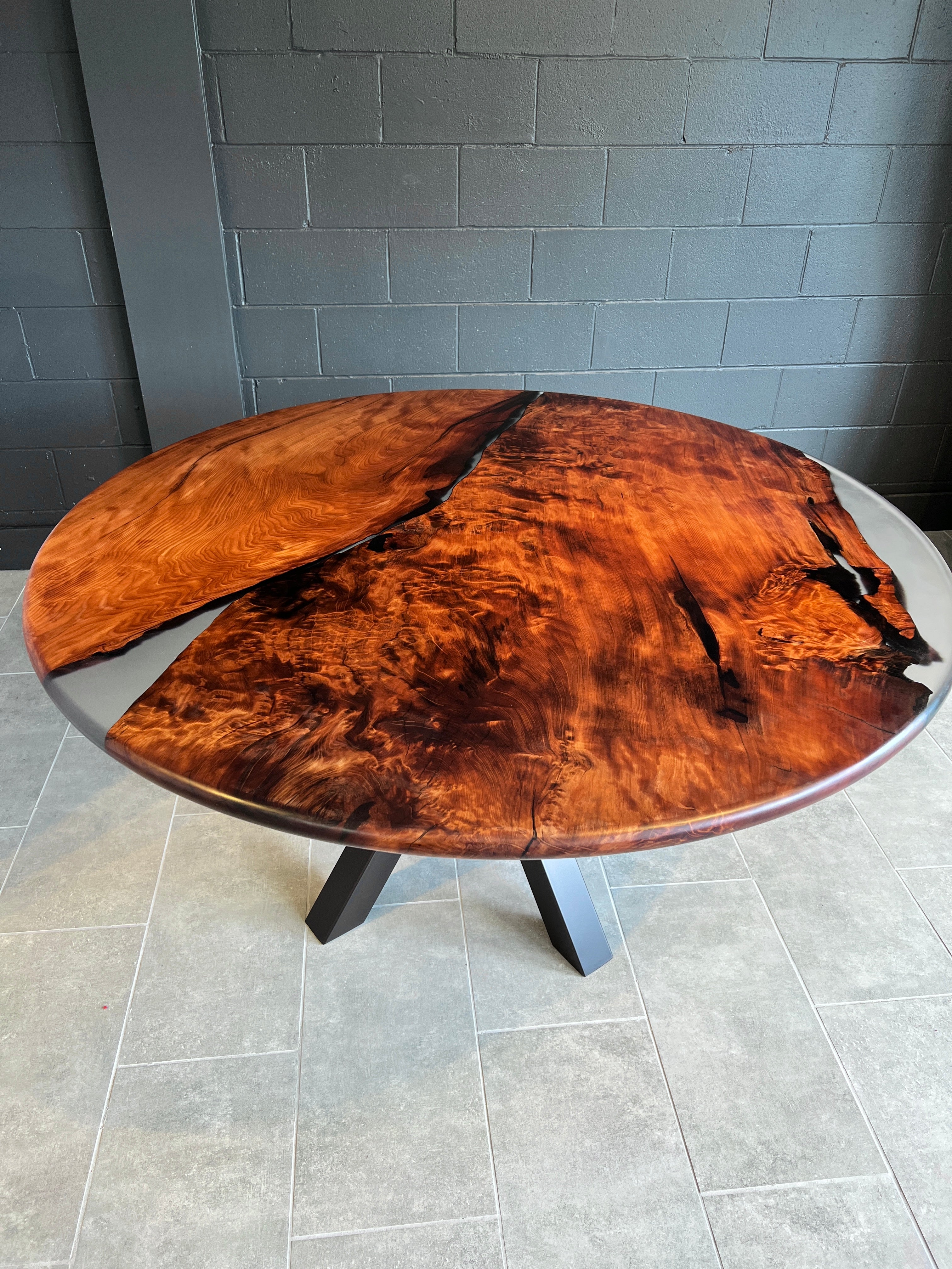 Round Flame Figured Redwood Dining Table