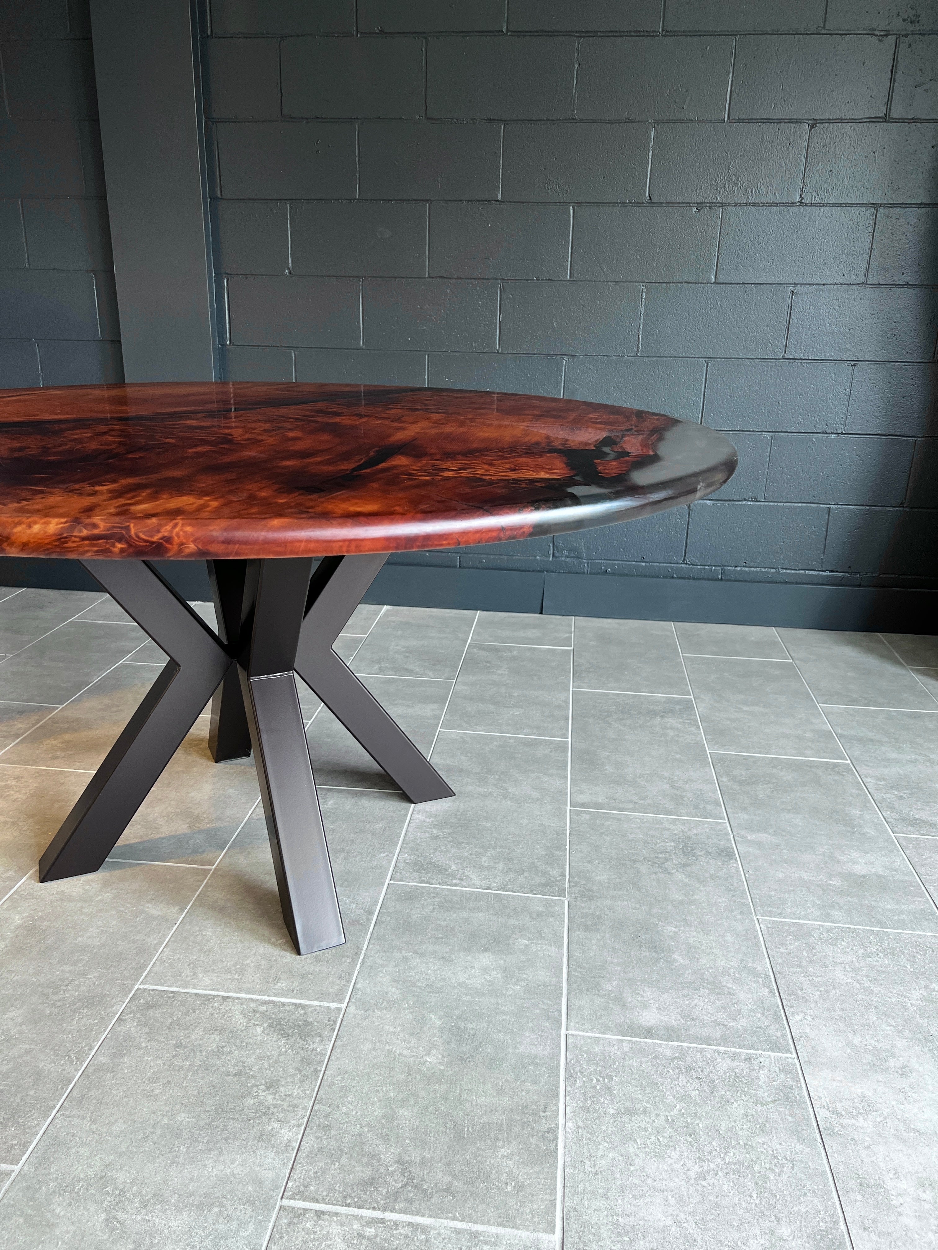 Round Flame Figured Redwood Dining Table