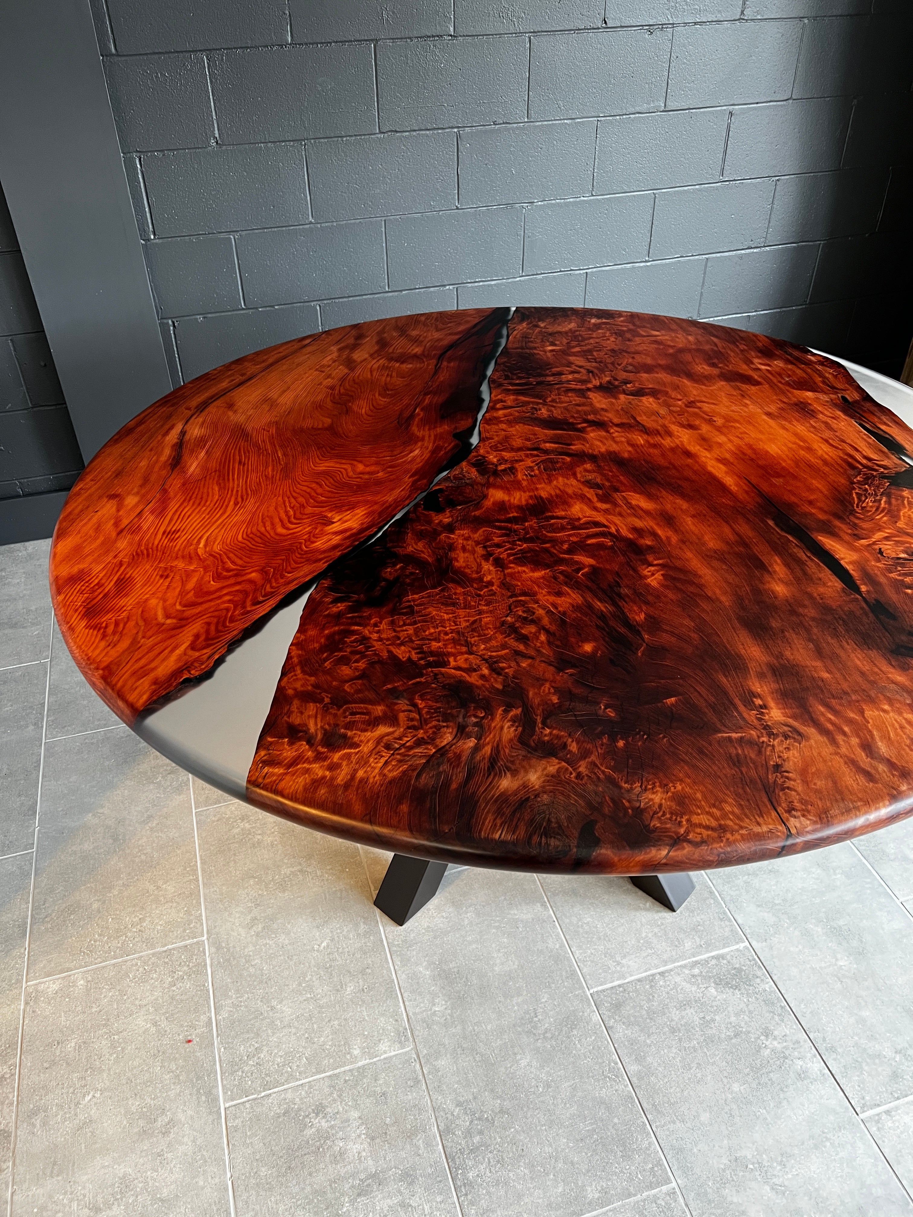 Round Flame Figured Redwood Dining Table