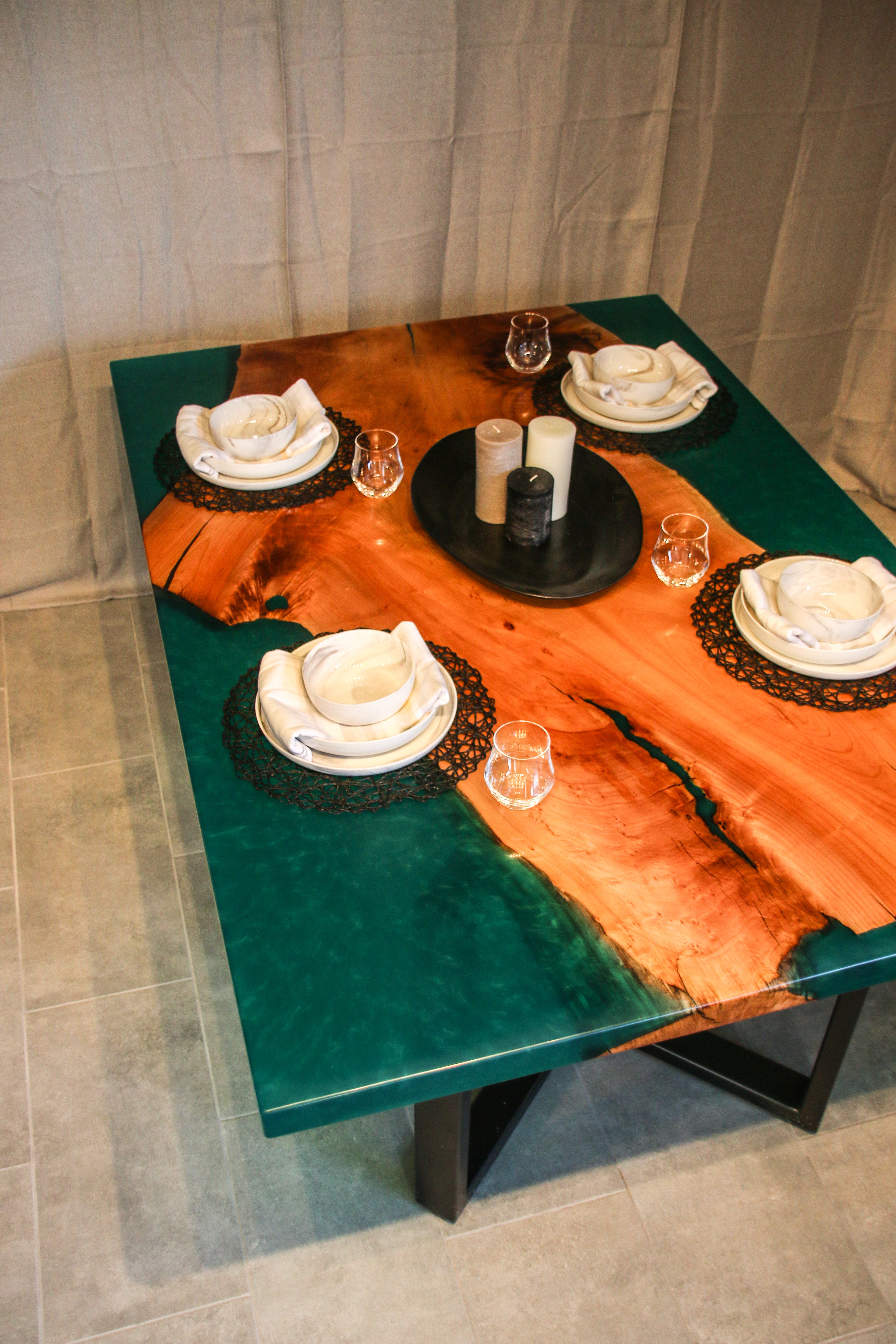 Figured Maple & Emerald Green Dining Table