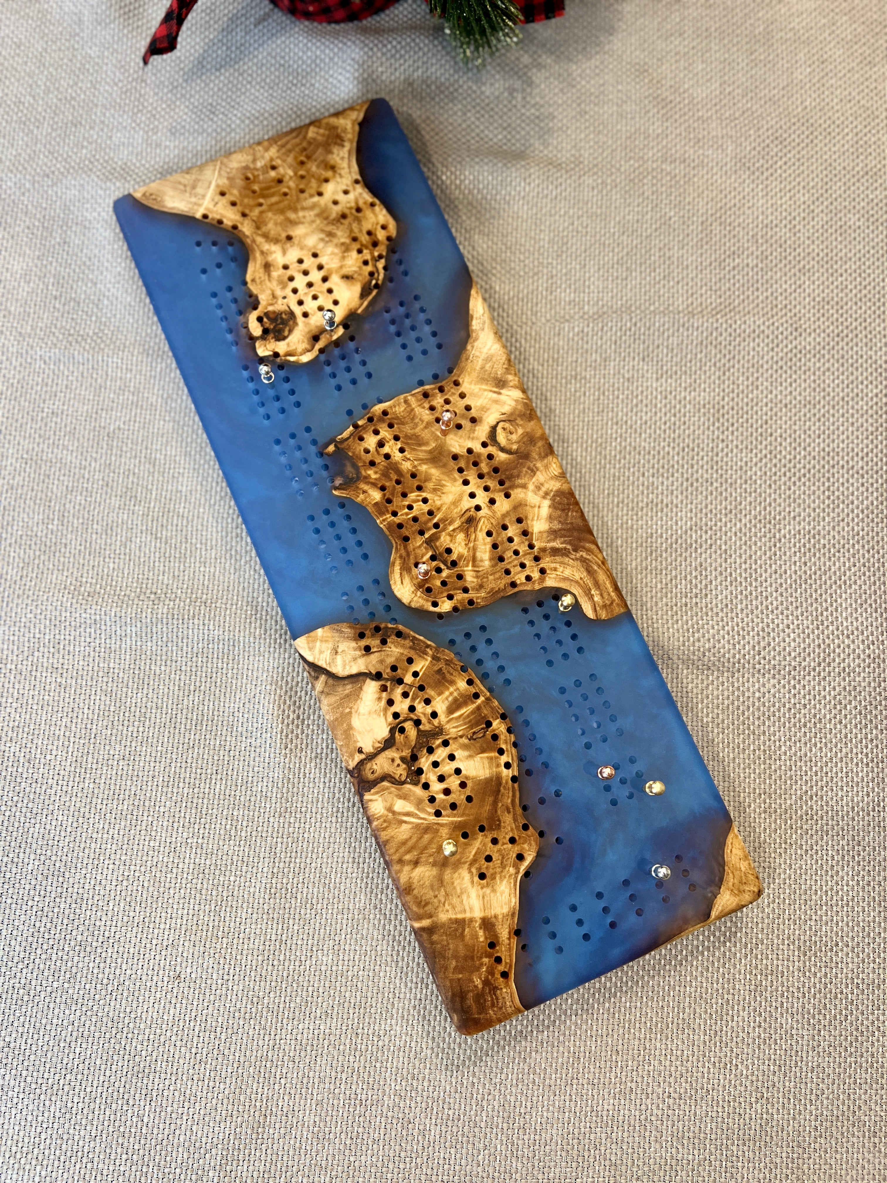 Maple Burls & Ocean Blue Cribbage Board