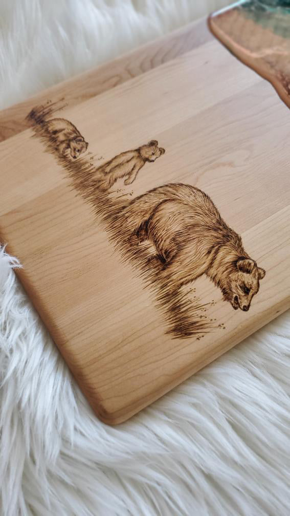 Emerald & Bronze Maple Serving Board with Hand Burned Bear Family
