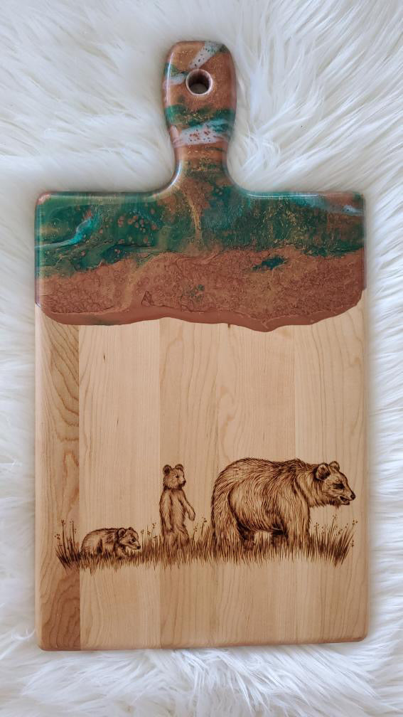 Emerald & Bronze Maple Serving Board with Hand Burned Bear Family