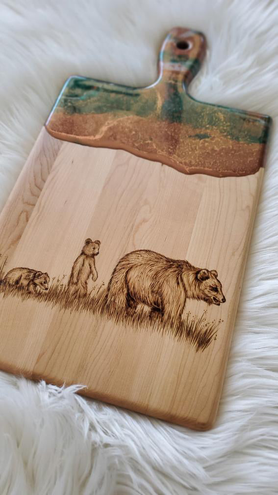 Emerald & Bronze Maple Serving Board with Hand Burned Bear Family