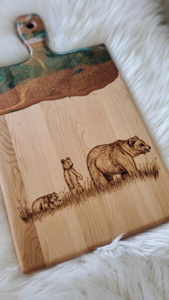 Emerald & Bronze Maple Serving Board with Hand Burned Bear Family