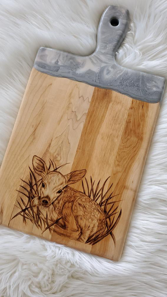 Grey Marble Maple Serving Board with Hand Burned Fawn