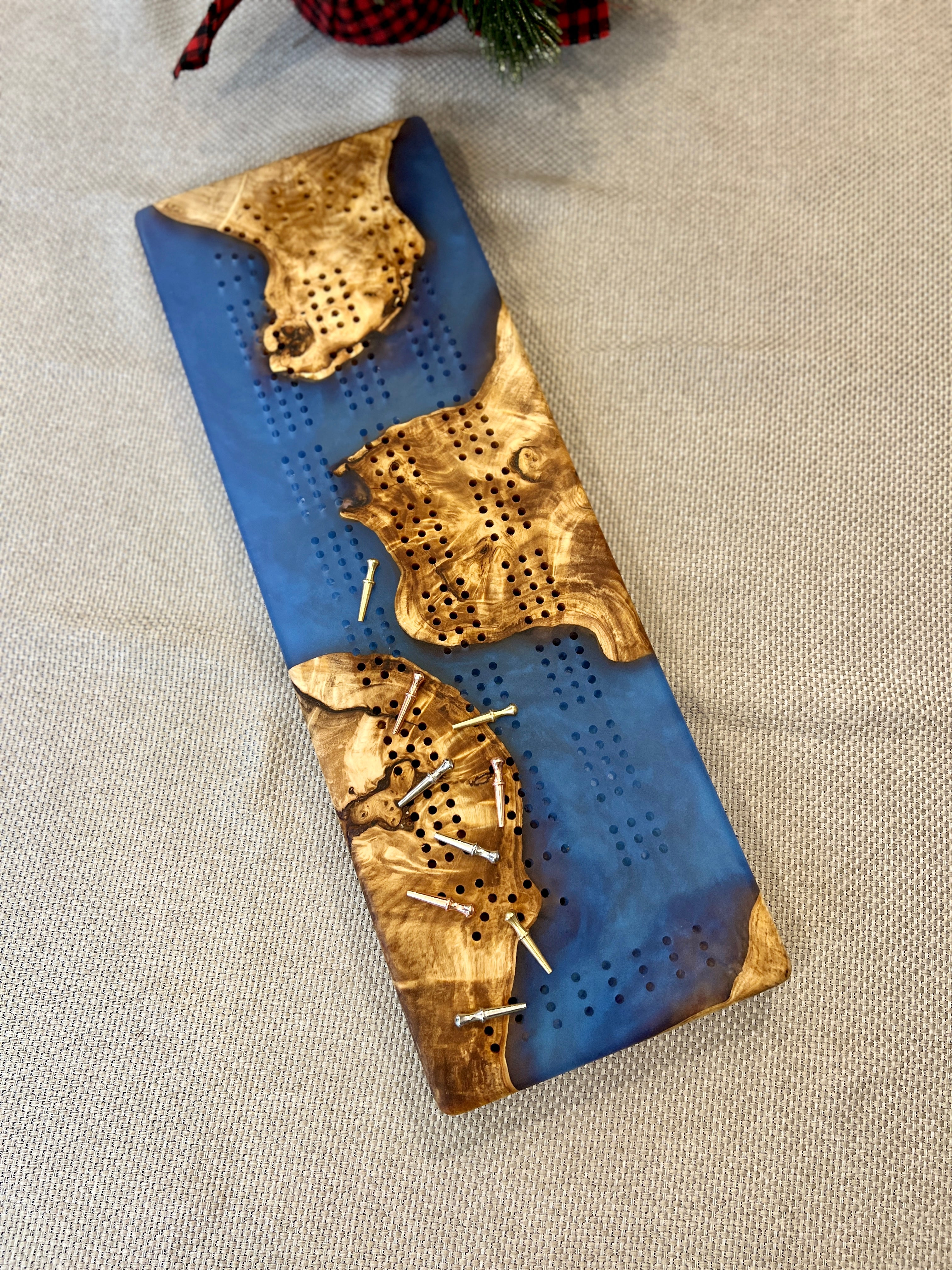 Maple Burls & Ocean Blue Cribbage Board